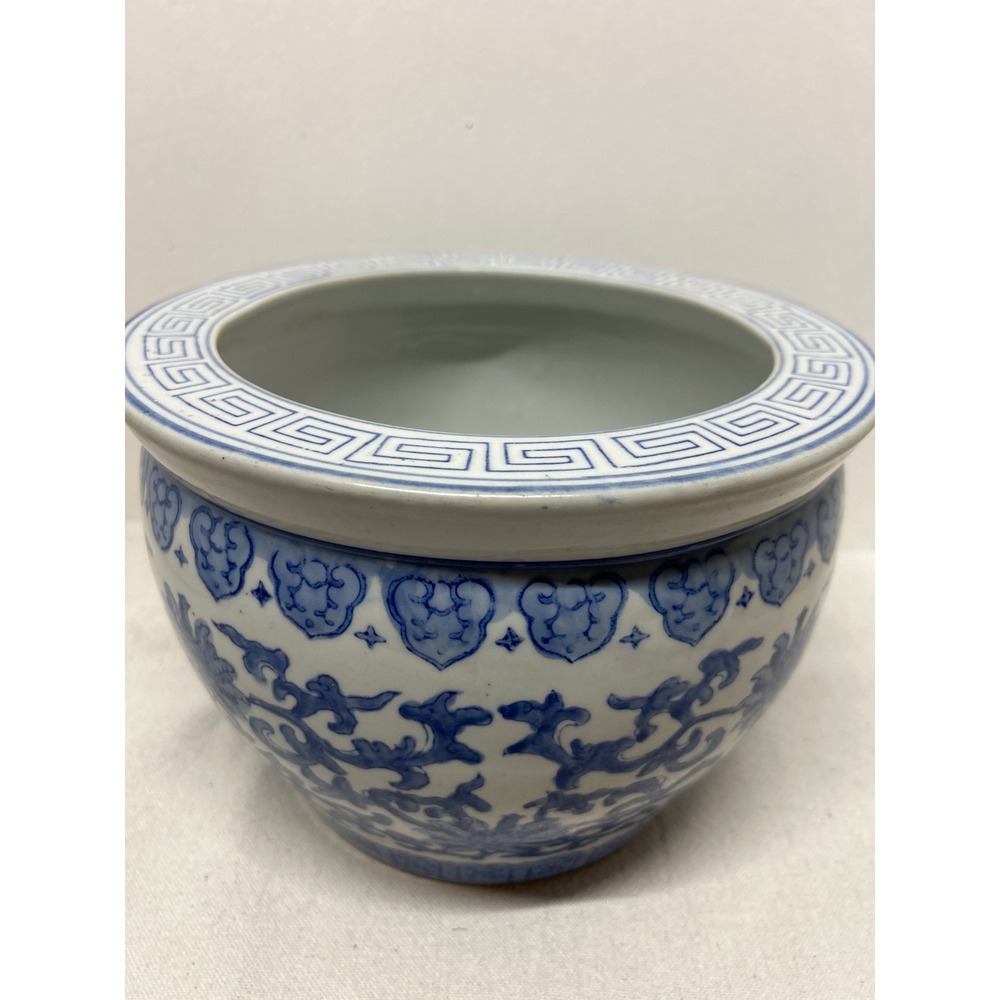 Vintage Blue and White Chinoiserie Porcelain Planter Greek Key Floral 9.5 Inch